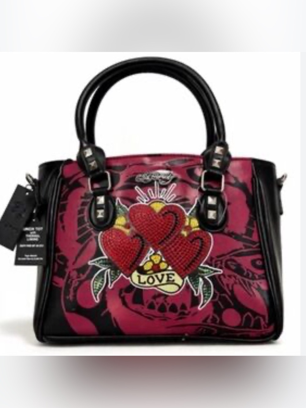 Ed Hardy XL Lunch Tote Bag Thermal Insulated Rhinestone Hearts Tattoo Print NWT